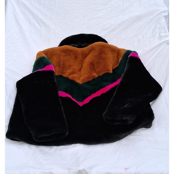 Choosy Colorblock Faux Fur Jacket Black Brown Green Pink Retro Statement Coat XL - Picture 2 of 5